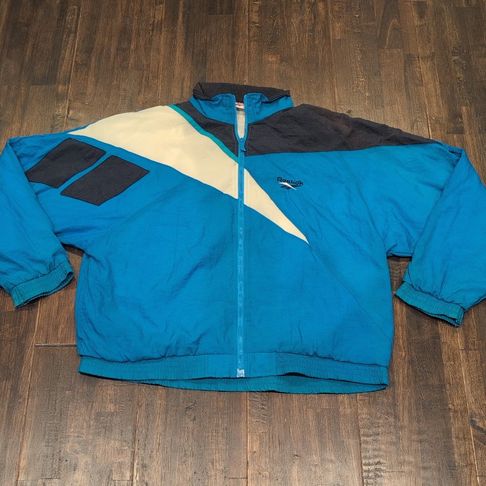 Vintage Reebok Color Block Windbreaker Track Jacket Blue Black‎ Medium Lined